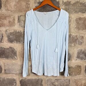 Lucky Brand Women's Blue Embroidered V-Neck Peasant‎ Blouse Tassels Boho Large